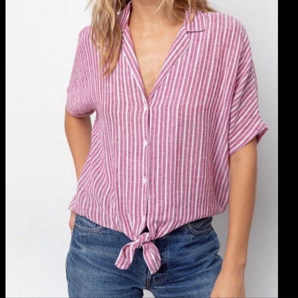 Rails Marley Lucia Stripe Tie Front Button collared Top size L - Picture 1 of 7